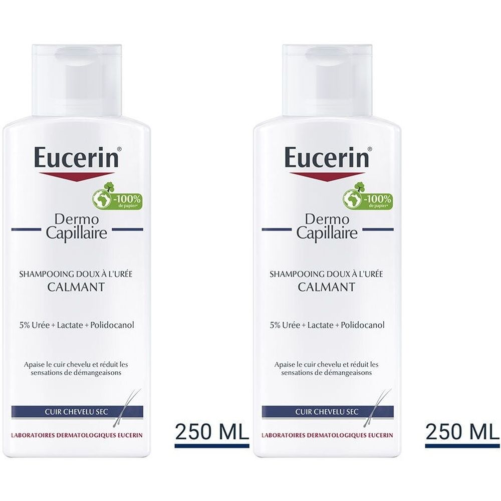 Deux flacons blancs de shampooing Eucerin Dermocapillaire. Inscription : Calmante, 250 ml. Avec label vert.