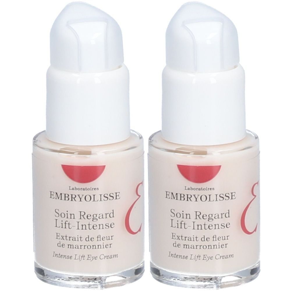 Zwei Flakons mit weißem Pumpkopf und beigem Inhalt. Aufschrift: EMBRYOLISSE, Soin Regard Lift-Intense. Roter Halbkreis und Schrift.
