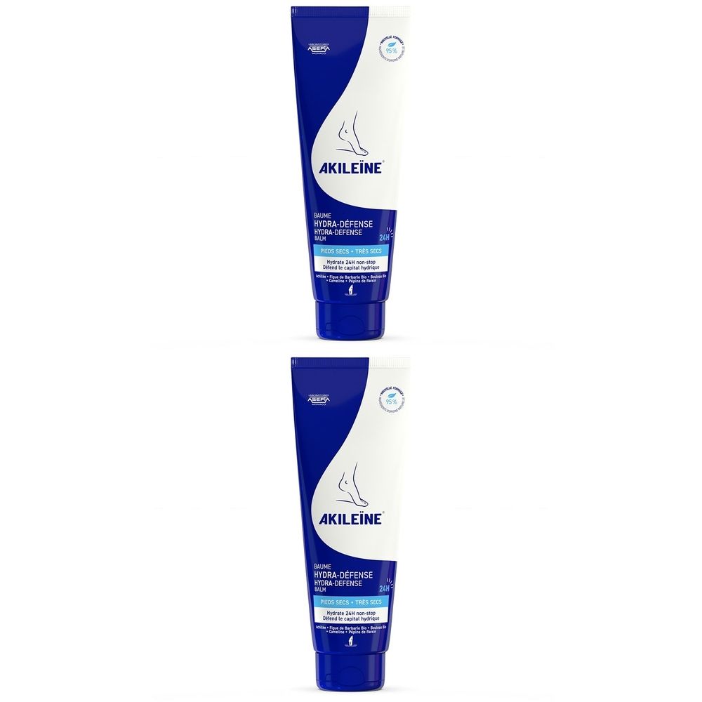 Deux tubes de crème. Emballage bleu et blanc. Inscription: AKILEINE, Baume Hydra-Défense. Pour peaux sèches.
