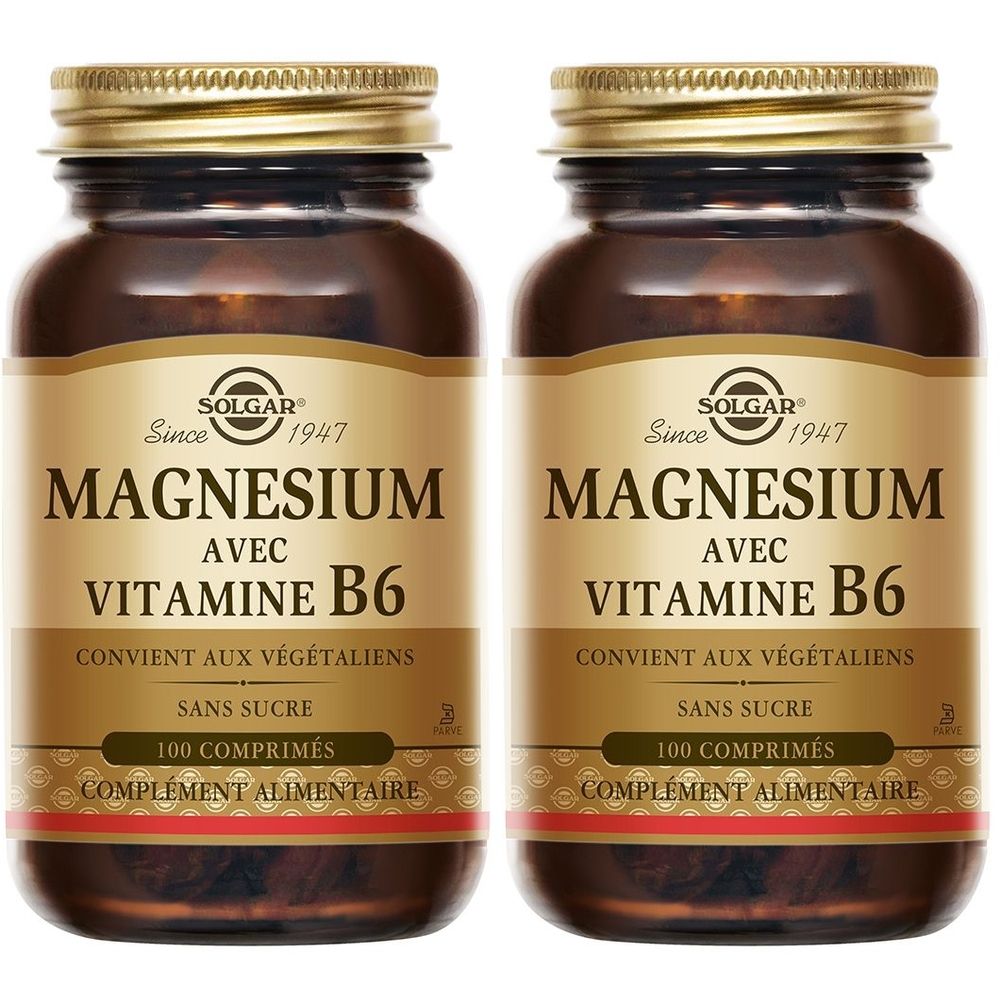 Zwei Flaschen mit braunem Glas und goldenem Deckel. Auf dem Etikett steht "MAGNESIUM AVEC VITAMINE B6" und "100 COMPRIMÉS".