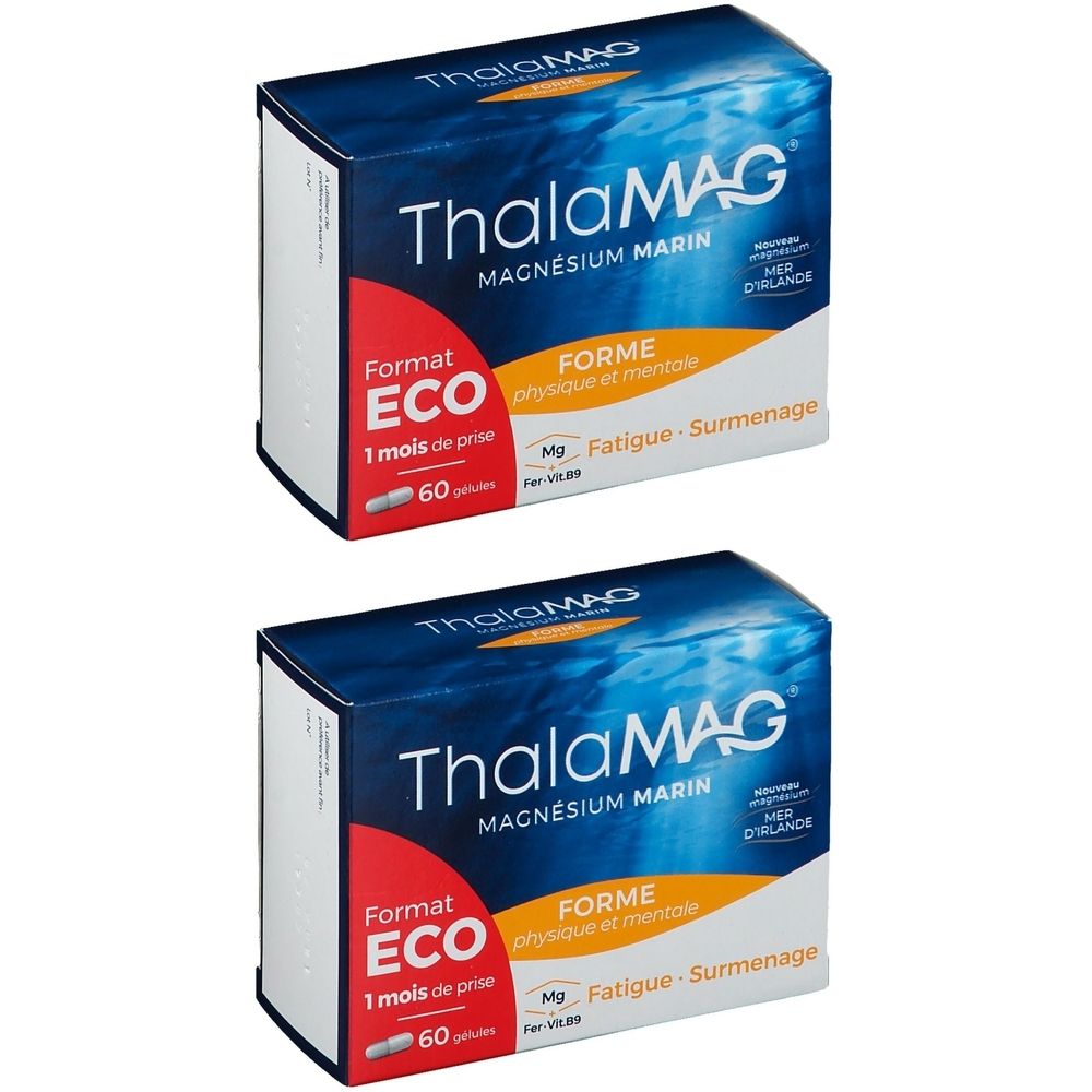 Zwei Schachteln ThalaMAG. Blaue Verpackung mit weißer Schrift. Enthält 60 Kapseln. Magnesium Marin. Für Form und Energie.