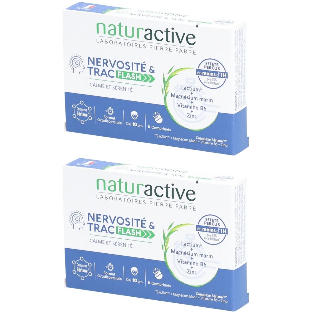 Deux boîtes de Naturactive Nervosité & Trac Flash. Inscription: CALME ET SERENITE. Contient Lactium, Magnésium marin, Vitamine B6, Zinc.