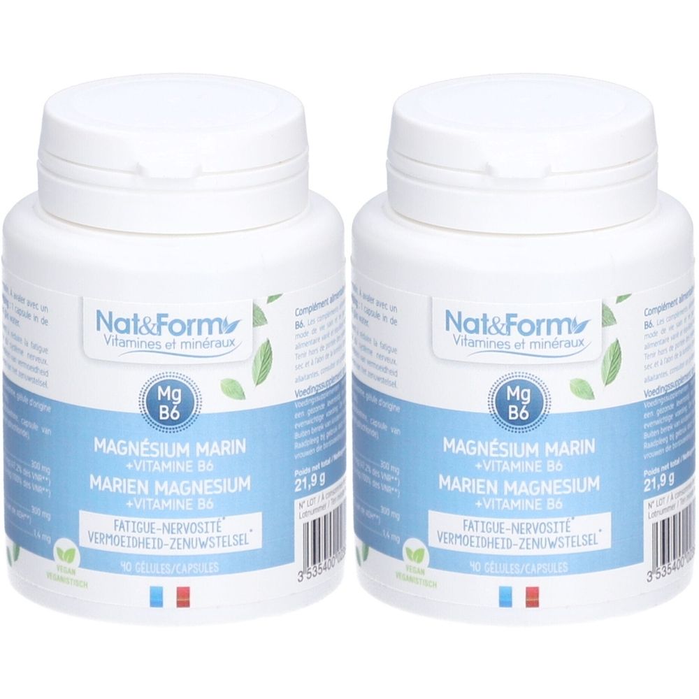 Zwei weiße Flaschen mit blau-weißen Etiketten. Aufschrift: Nat&Form, Magnesium Marin + Vitamin B6. 90 Kapseln.