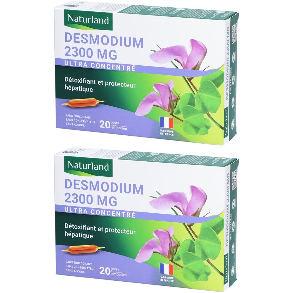 Zwei Schachteln mit der Aufschrift "DESMODIUM 2300 MG". Aufdrucke: "ULTRA CONCENTRE", "Détoxifiant et protecteur hépatique", 20 Kapseln, und die französische Flagge.