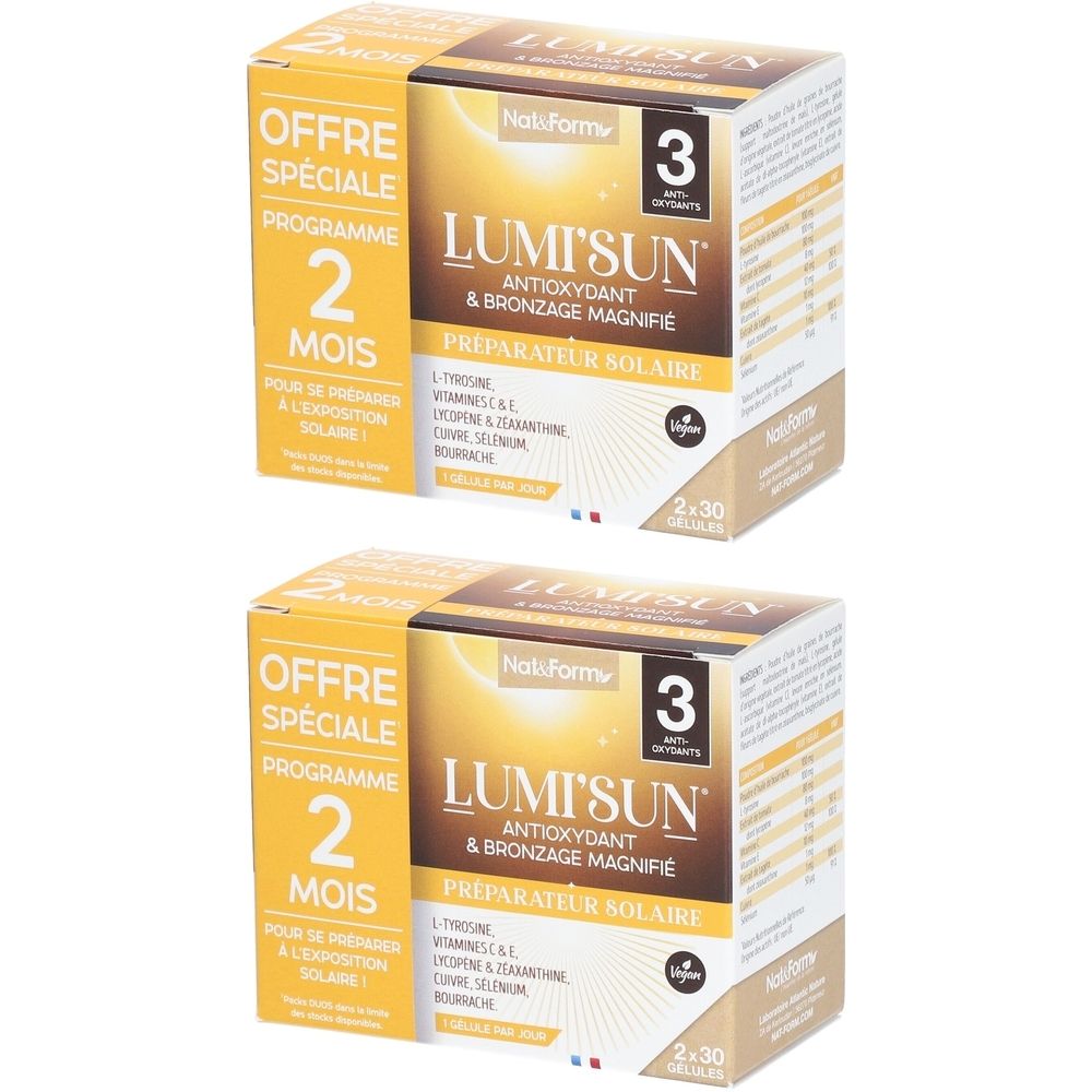 Zwei Kartons mit der Aufschrift Lumi'Sun, Antioxidantien und Bräunung. Aufschrift: 2 Monate Programm. Vegan-Siegel.