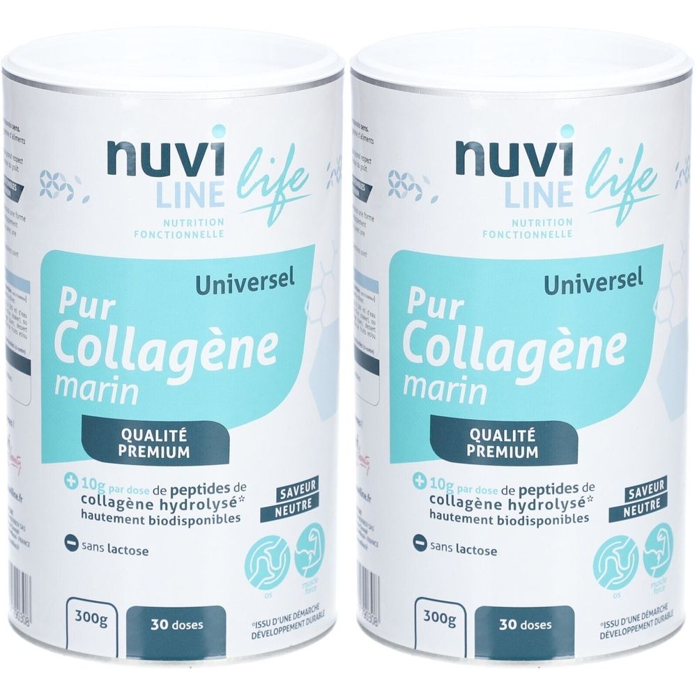 Zwei zylindrische Dosen mit der Aufschrift "nuvi life". Aufschrift "Pur Collagène marin". Enthält 300g und 30 Dosen. "Sans lactose".