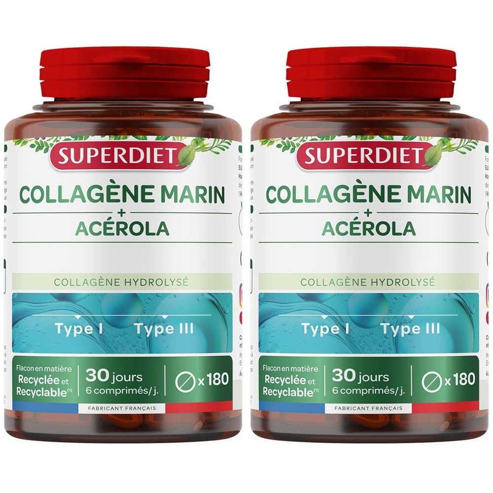 Zwei Flaschen mit rotem Deckel. Aufschrift: SUPERDIET, COLLAGÈNE MARIN + ACÉROLA. Enthält 180 Tabletten. Französischer Hersteller.