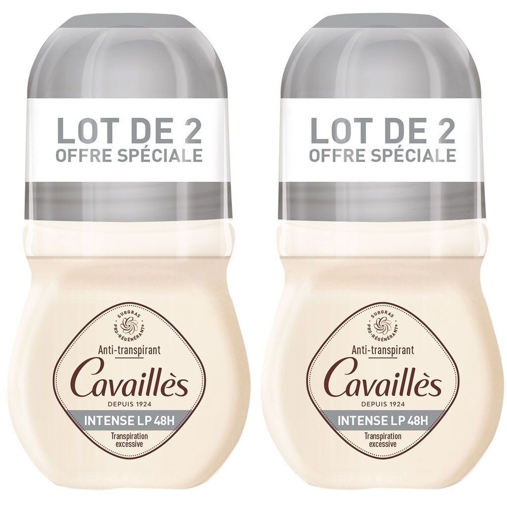 Zwei Roll-on-Deodorants. Aufschrift: LOT DE 2, OFFRE SPÉCIALE. Marke Cavaillès, INTENSE LP 48H.