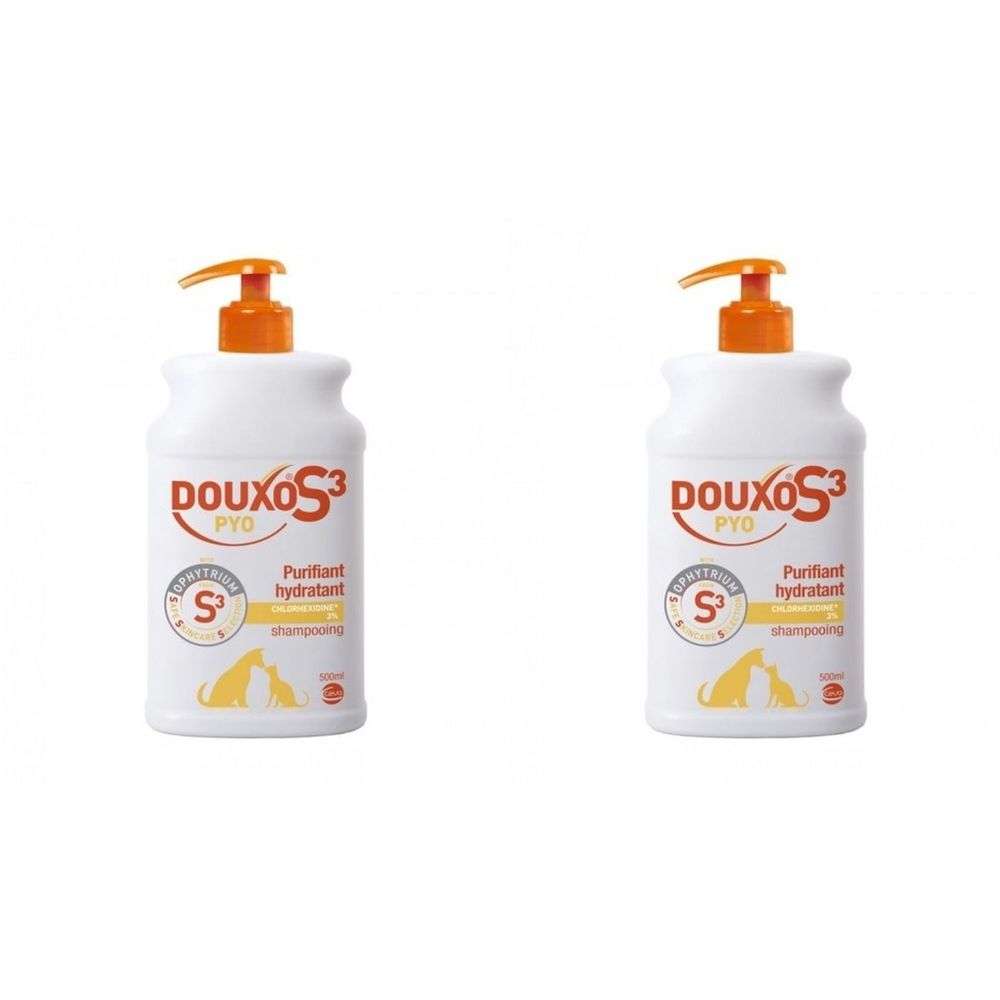 Zwei weiße Flaschen mit orangefarbenen Pumpköpfen. Auf jeder Flasche steht "Douxo S3 Pyo" und "Purifiant hydratant shampooing".