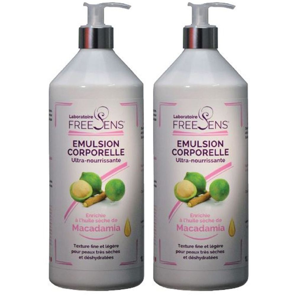 Deux flacons de Freesens Emulsion Corporelle. Flacons blancs avec pompe. Inscription : Emulsion Corporelle Ultra-nourrissante.
