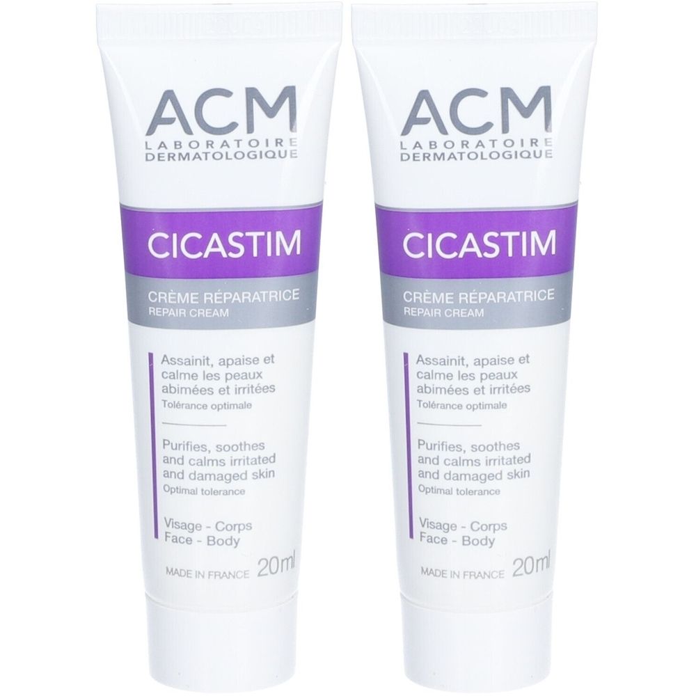 Zwei Tuben ACM Cicastim Crème réparatrice. Weiß, mit lila Akzenten. Text: CICASTIM, Crème réparatrice, 20ml. Hergestellt in Frankreich.