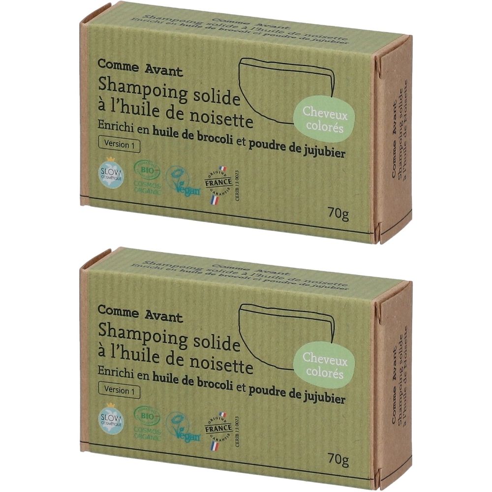 Zwei grüne Schachteln mit Aufschrift "Comme Avant Shampoing solide". Text: "Cheveux colorés", "70g".