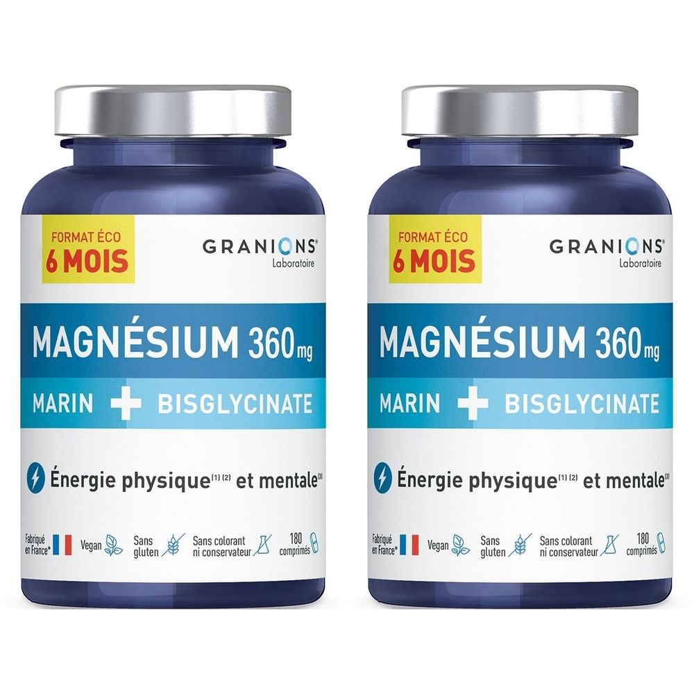 Deux flacons bleus avec couvercles argentés. Inscription: Magnésium 360 mg, Marin + Bisglycinate. Étiquette jaune: 6 mois. Marque: GRANIONS.