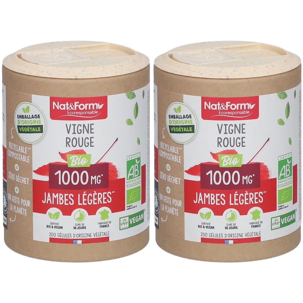 Zwei zylindrische Behälter mit Deckel. Aufschrift: Nat & Form Vigne Rouge Bio, 1000 MG, Jambes Légères. Zertifizierungen und Vegan-Logo.