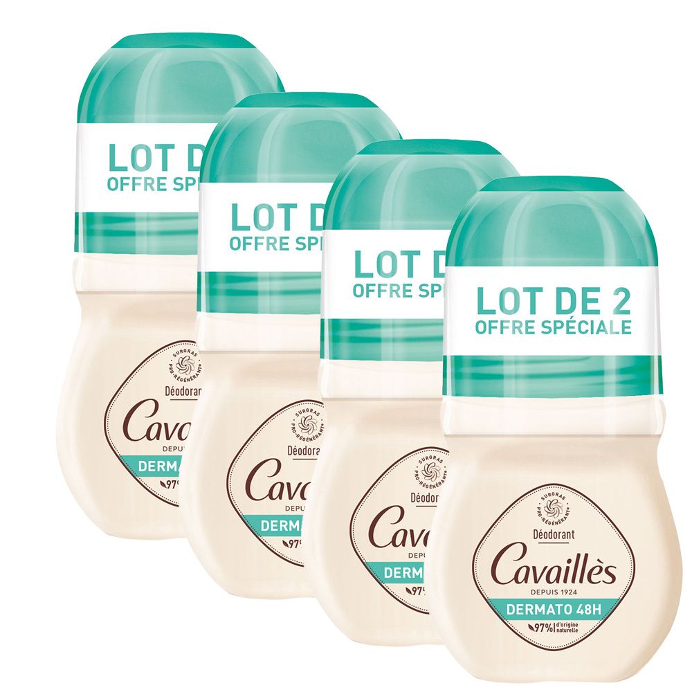 Quatre déodorants roll-on. Flacons crème avec bouchons turquoise. Inscription Cavaillès, Dermato 48H. Sur certains: LOT DE 2, Offre Spéciale.
