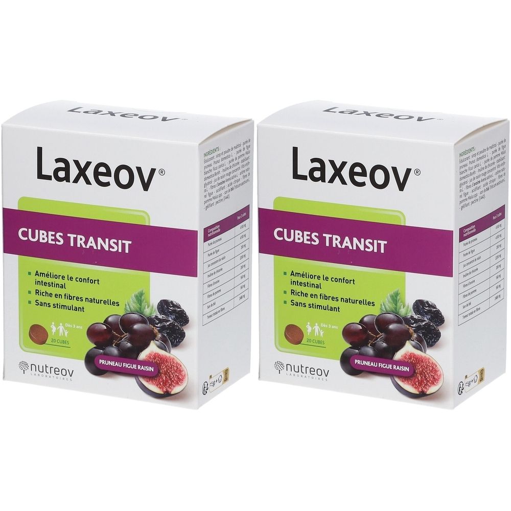 Deux boîtes de Laxeov Cubes Transit. Inscription : Cubes Transit, améliore le confort intestinal. Illustration de fruits.