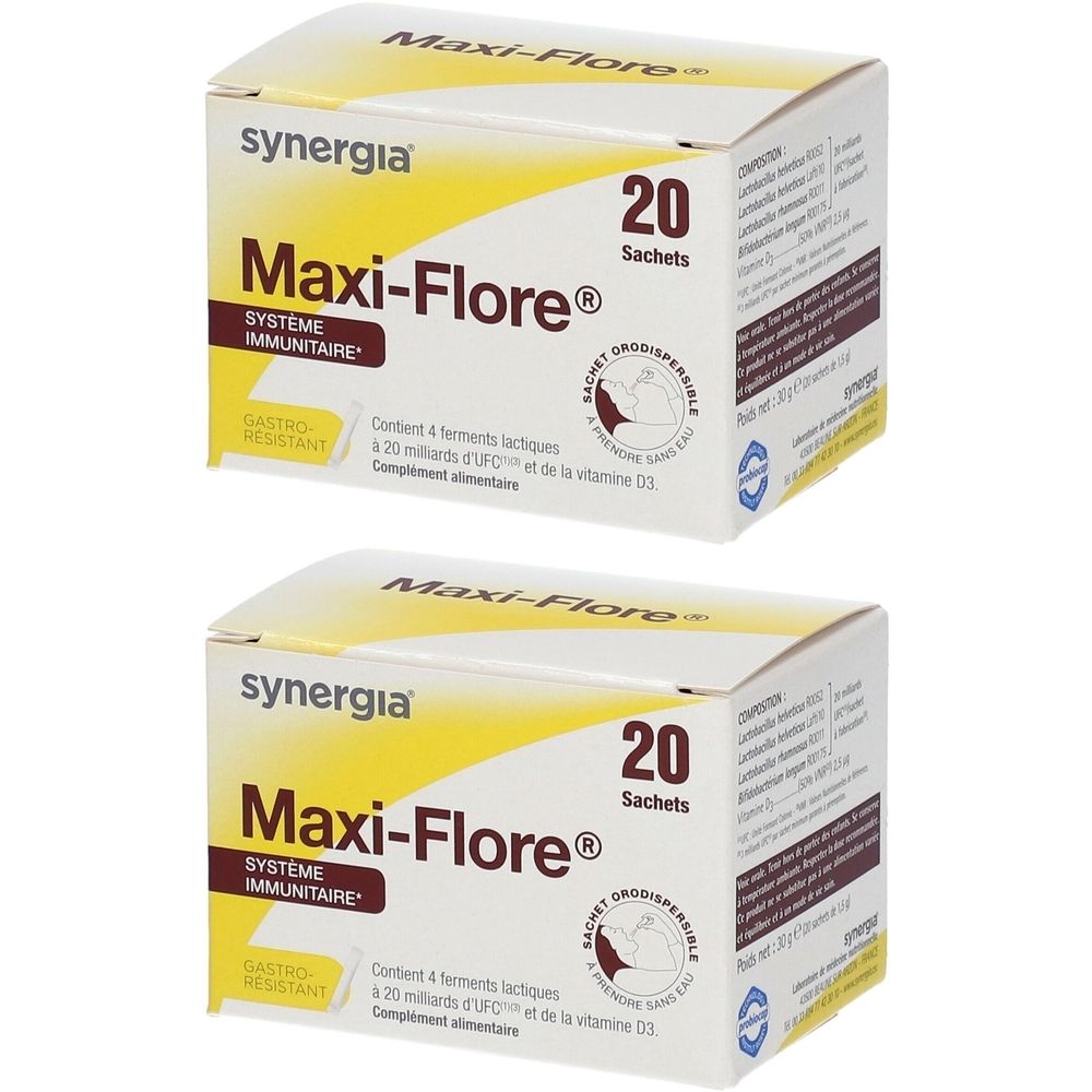 Deux boîtes de Synergia Maxi-Flore. Inscription: 20 sachets. Emballage jaune et blanc avec nom et logo.