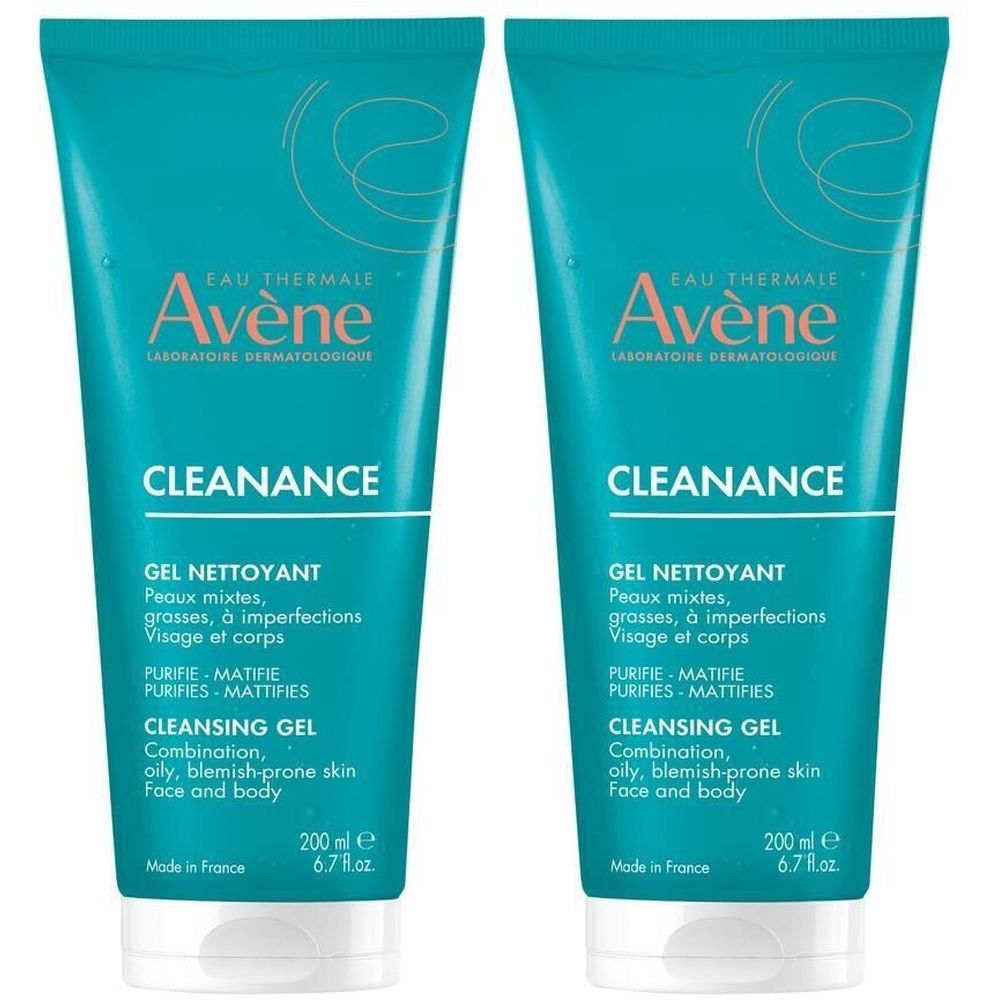 Deux tubes turquoise avec bouchon blanc. Inscription: Avène, Cleanance, Gel Nettoyant. Texte en français et anglais.