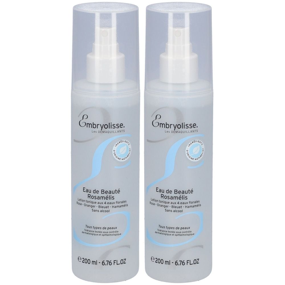 Zwei Sprühflaschen Embryolisse Eau de Beauté Rosamélis. Transparente Flaschen mit weißem Sprühkopf und Deckel. Blaue Etiketten mit Text.