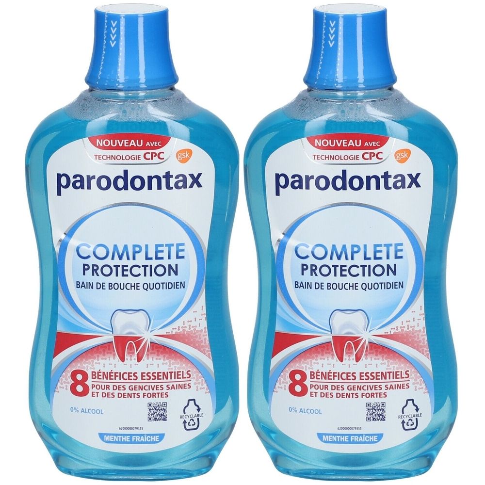 Deux flacons de bain de bouche parodontax Complete Protection Menthe Fraîche. Contenu bleu. Logo dentaire et texte en français.