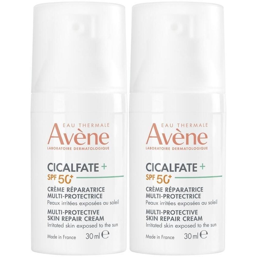 Zwei weiße Flaschen mit Aufschrift "Avène Cicalfate+". Text: Crème Réparatrice Multi-Protectrice SPF50+. 30 ml.
