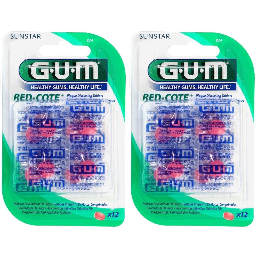 Zwei Blisterpackungen mit GUM Red-Cote Plaque-Revealing-Tabletten. Jede Packung enthält 12 Tabletten. Marke und Produktname sind deutlich sichtbar.