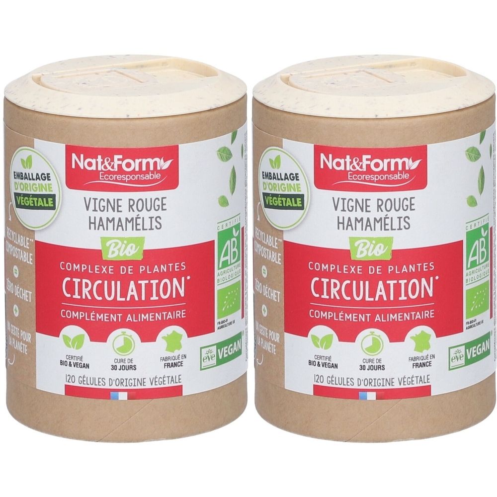 Zwei zylindrische Behälter mit Deckel. Aufschrift: Nat&Form, Vigne Rouge Hamamélis Bio, Circulation. Mit Bio- und Vegan-Zertifizierung.