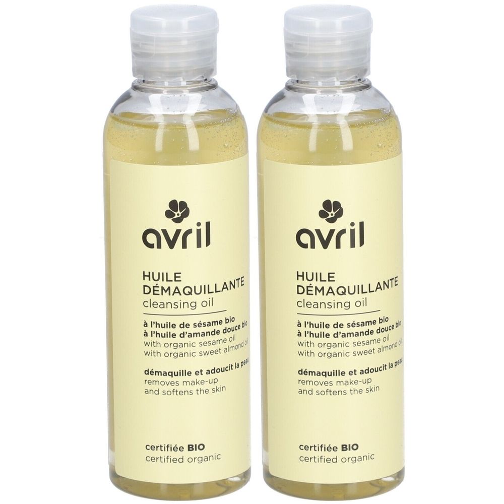 Zwei Flaschen Avril Huile démaquillante. Aufschrift: HUILE DÉMAQUILLANTE cleansing oil. Zertifiziert BIO.