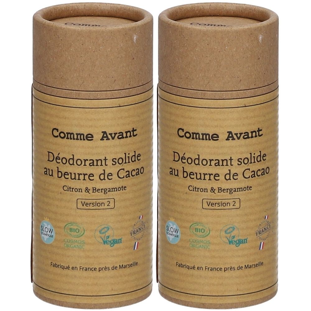 Deux tubes cylindriques Comme Avant. Déodorant solide au beurre de cacao, citron & bergamote. Labels bio et vegan.