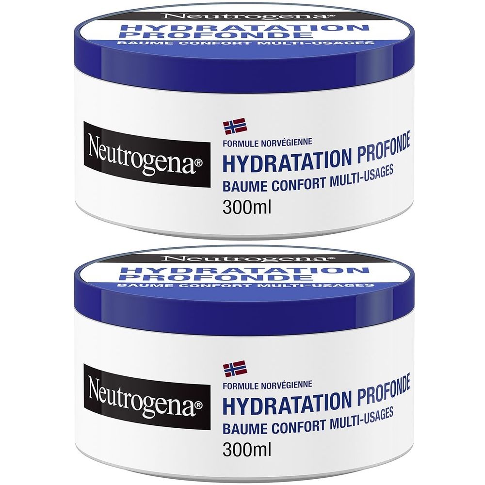 Zwei weiße Tiegel mit blauem Deckel. Aufschrift: Neutrogena, Hydratation Profonde, Baume Confort Multi-Usages. 300ml.