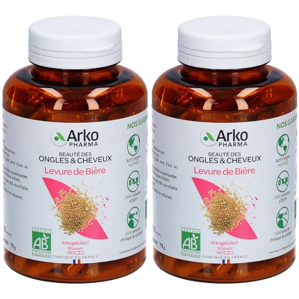 Zwei braune Flaschen mit weißem Deckel. Aufkleber mit Text: Arko Pharma, Levure de Bière. AB-Zertifizierung.