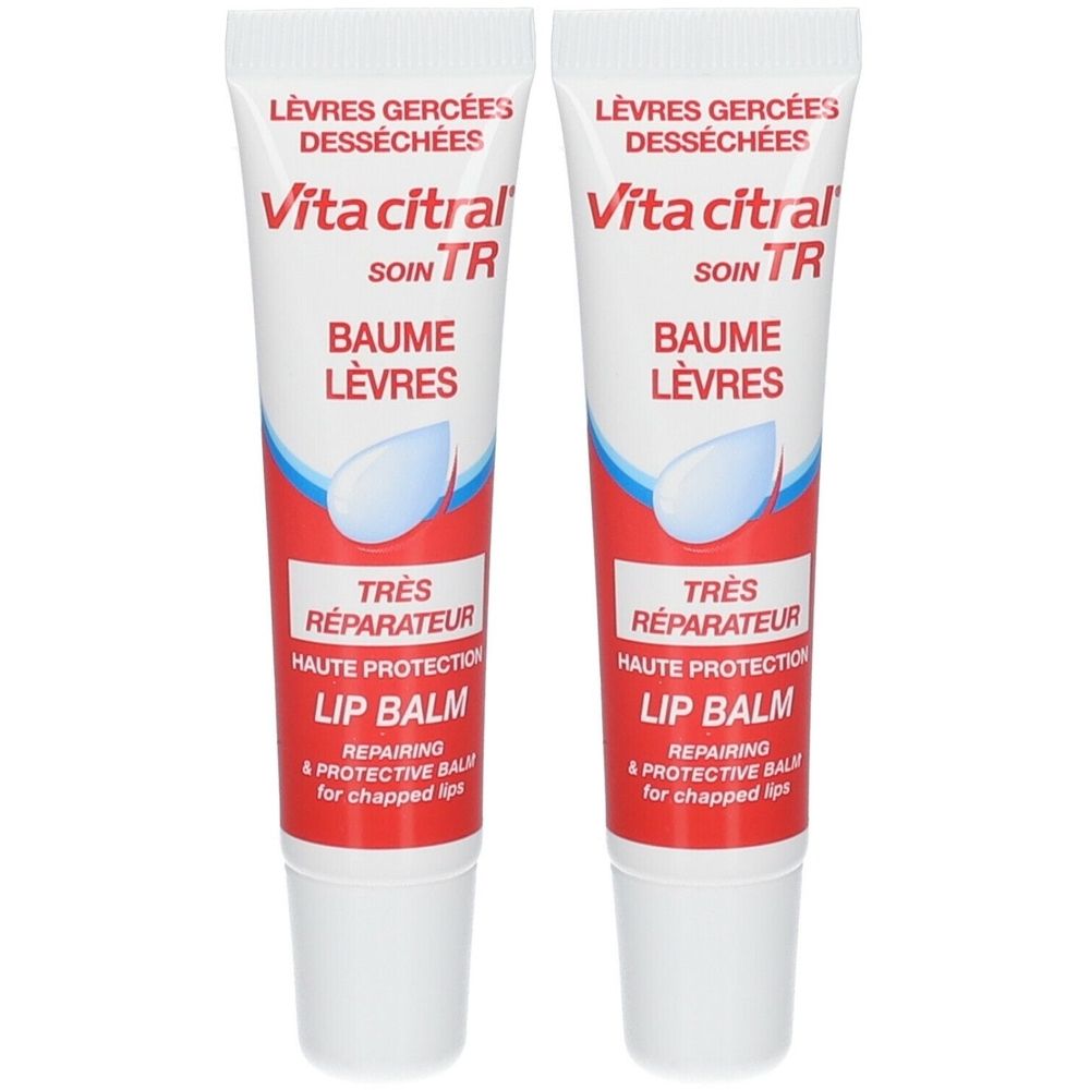 Zwei Tuben Lippenbalsam. Weiß, rot und blau. Aufschrift: Vita citral, Baume Lèvres, Lip Balm.
