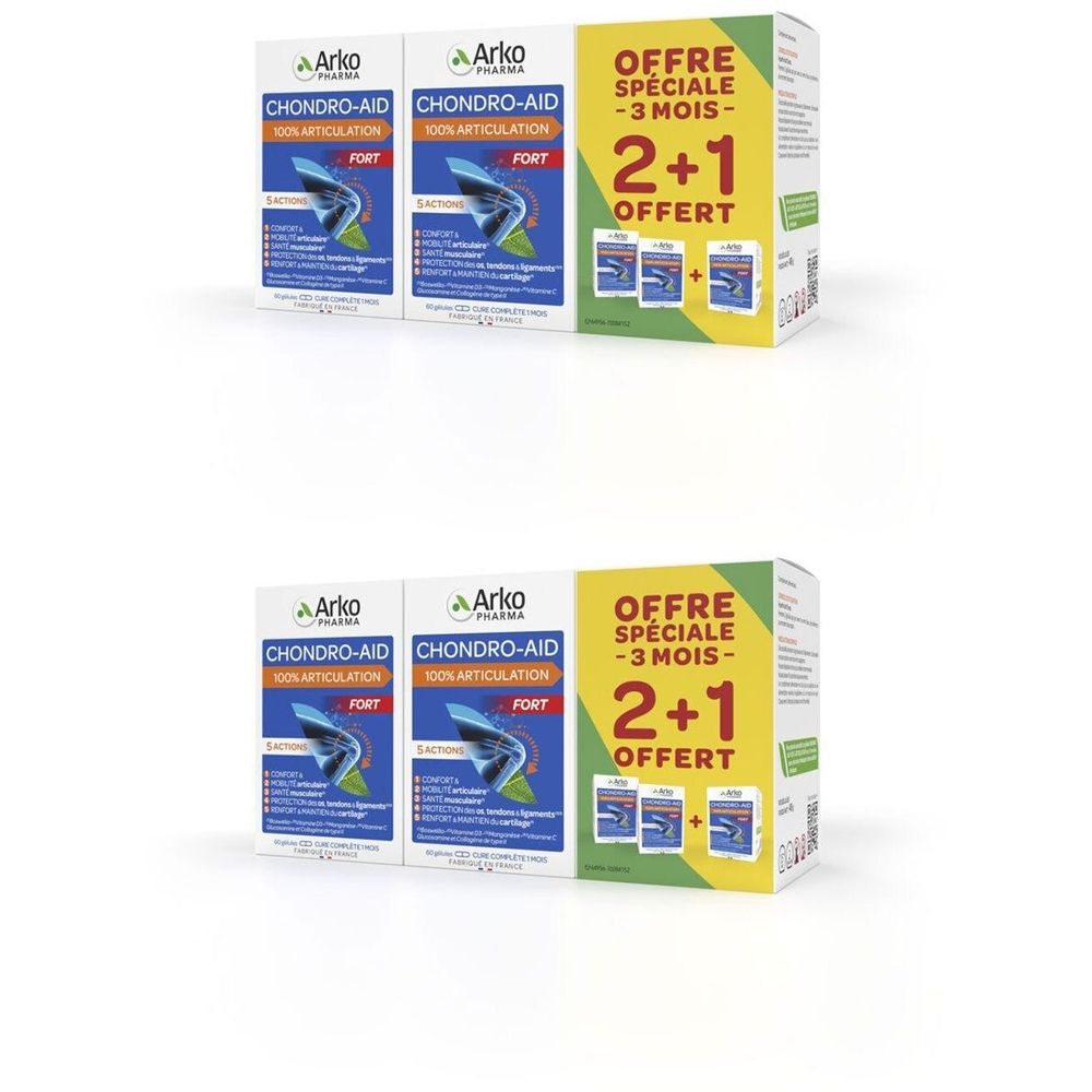 Deux boîtes de Chondro-Aid 100% Articulation Fort et une boîte supplémentaire. Offre spéciale 2+1 offert. Marque Arko Pharma.