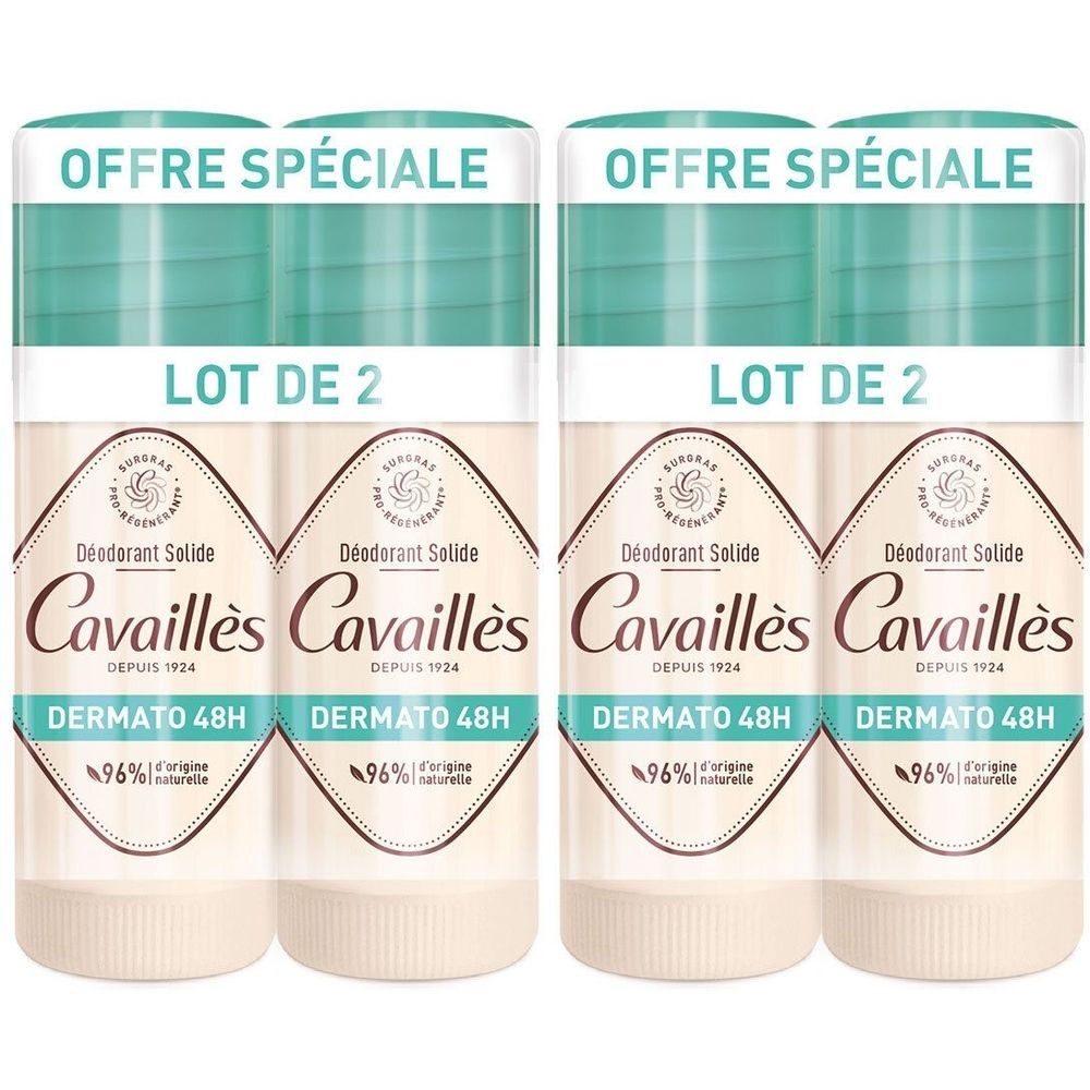 Deux sticks de déodorant. Inscription : "OFFRE SPÉCIALE", "LOT DE 2", "Cavaillès DERMATO 48H". 96% d'origine naturelle.