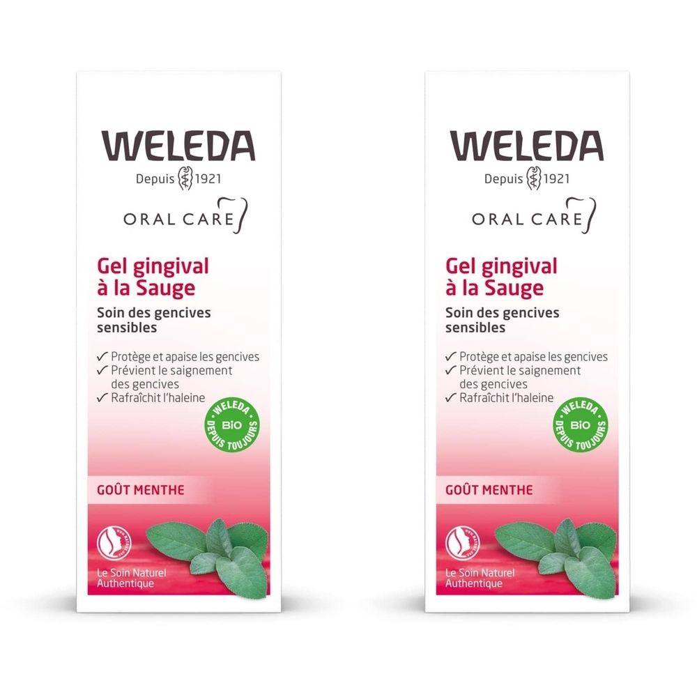 Zwei Tuben Weleda Gel gingival à la Sauge. Weiß, mit rosa und grünen Elementen. Text: Gel gingival à la Sauge, Bio-Siegel, Minzgeschmack.
