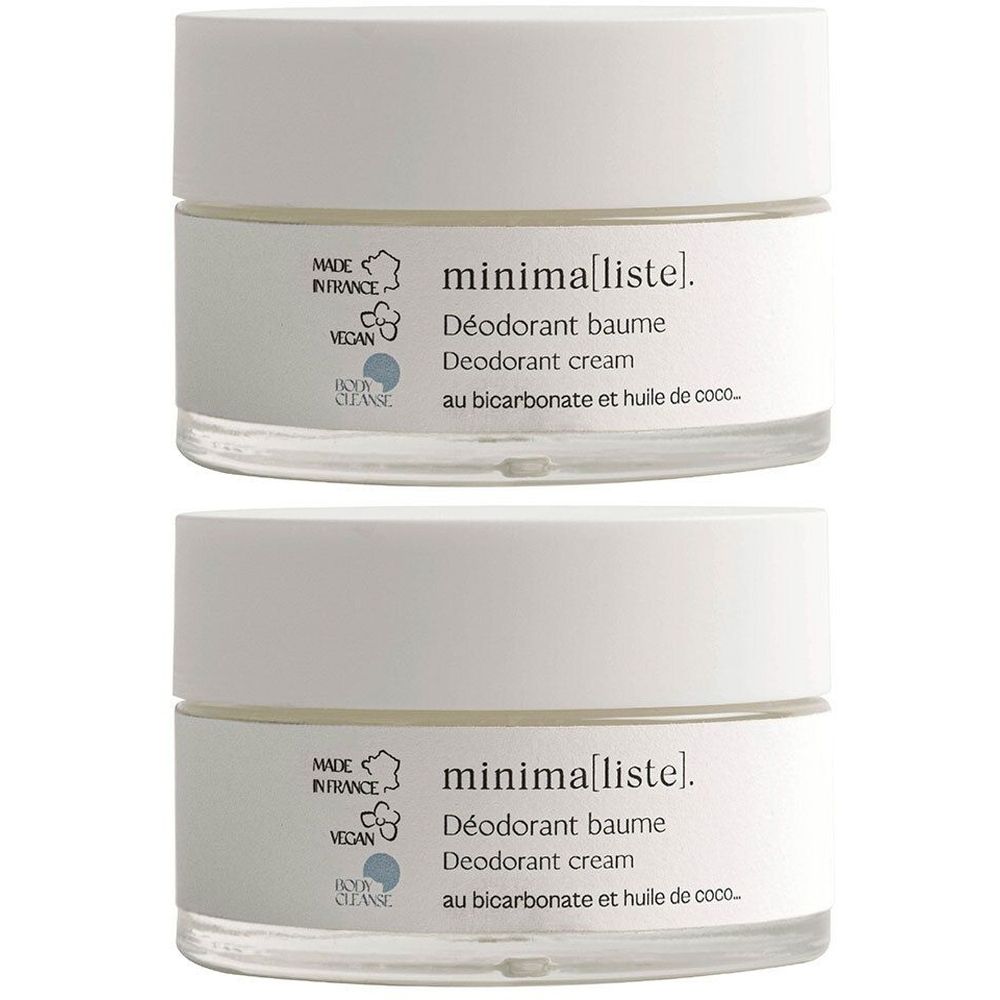 Zwei Tiegel Deodorant-Balsam. Weiße Deckel, transparente Gläser. Aufschrift: minima[liste]. Vegan, Made in France.