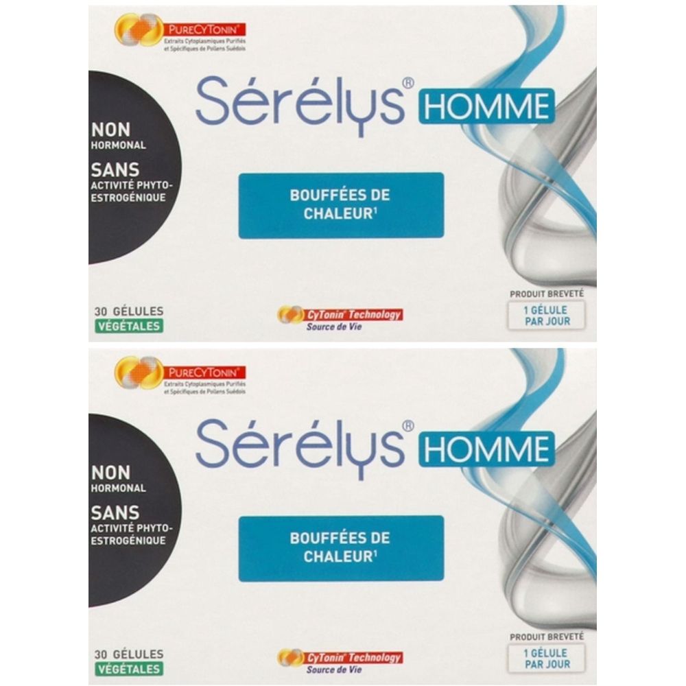 Boîte de Sérélys Homme. Contient 30 gélules. Inscription : Non hormonal, sans activité phyto-œstrogénique. Contre les bouffées de chaleur.