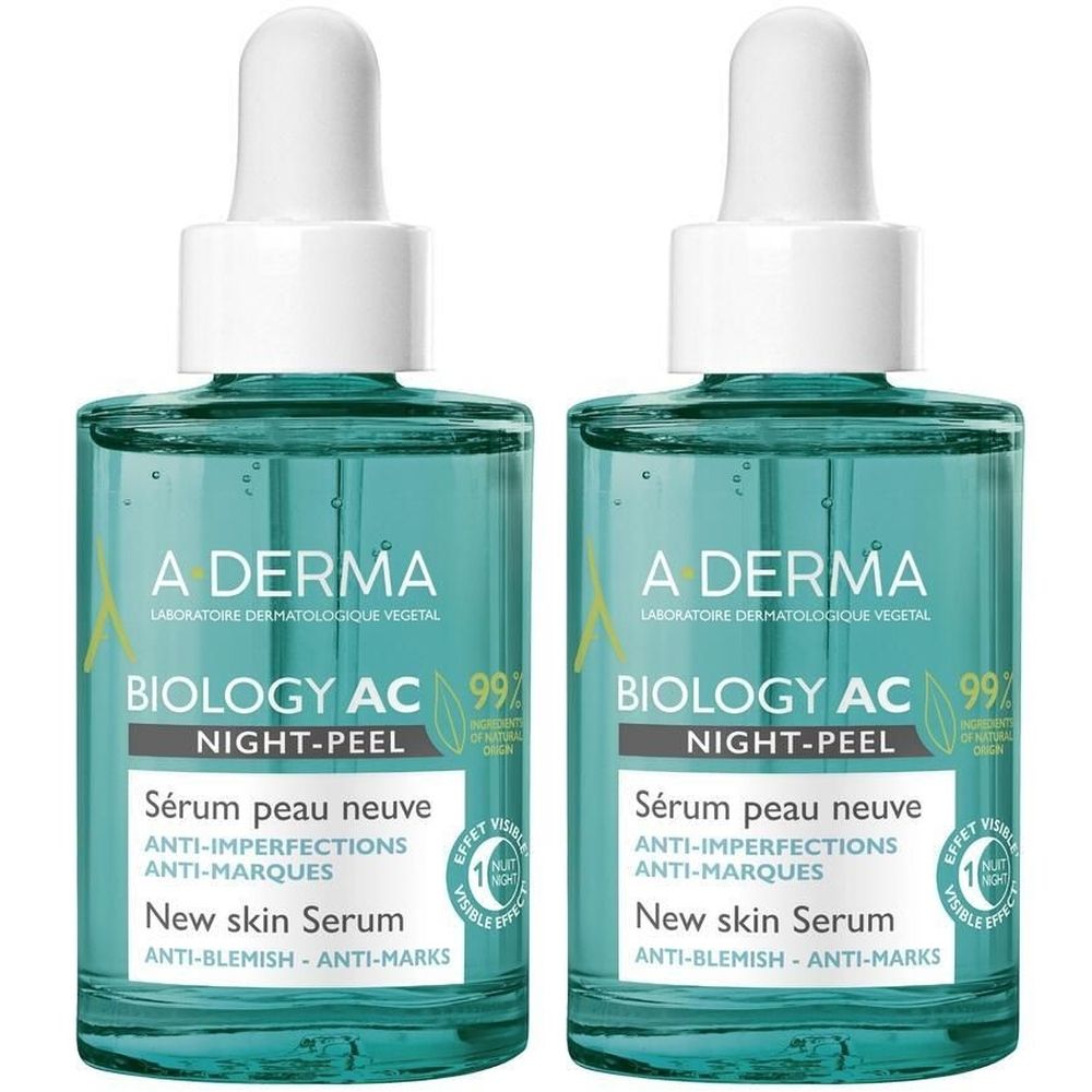 Deux flacons de sérum A-DERMA BIOLOGY AC. Liquide vert clair dans des flacons en verre avec pipettes. Inscription : ANTI-IMPERFECTIONS, ANTI-MARQUES.