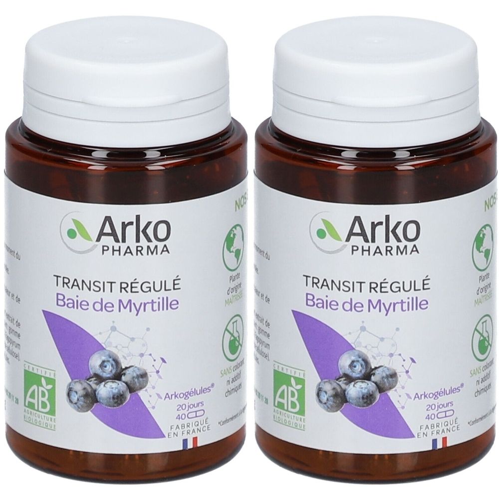 Zwei Flaschen mit weißen Deckeln. Auf den Etiketten steht "Arko Pharma", "Transit Régulé Baie de Myrtille" und das AB-Bio-Logo.