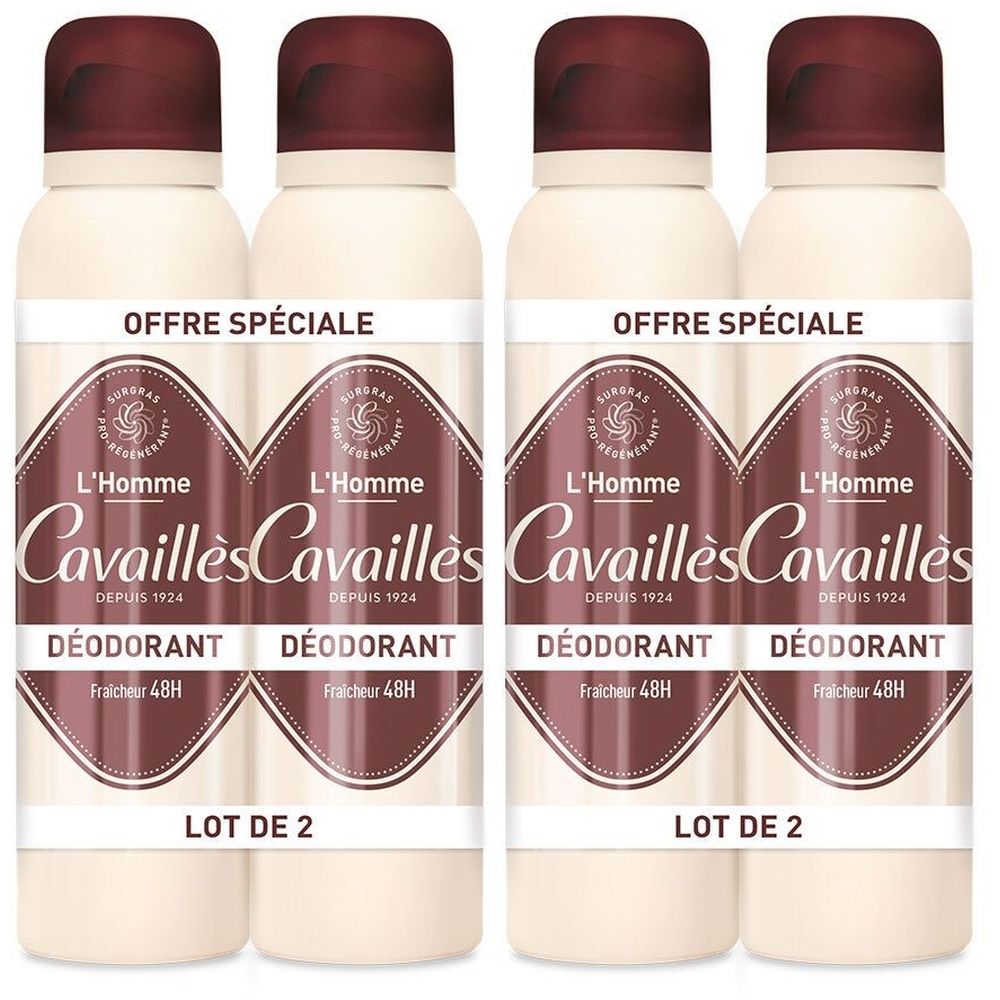 Quatre sprays déodorants. Flacons crème avec bouchons marron. Inscription : L'Homme Cavaillès, Déodorant, Fraîcheur 48H. Offre spéciale, lot de 2.
