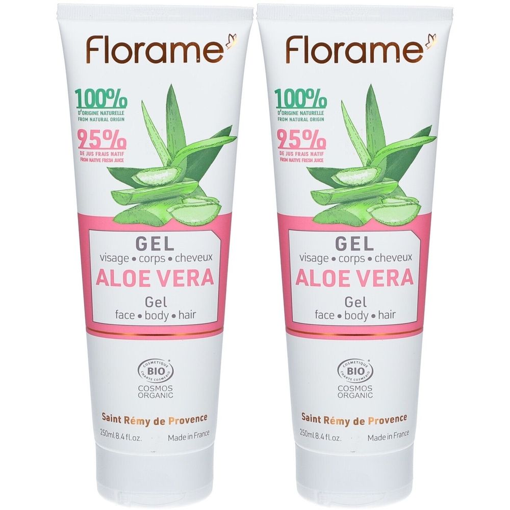 Deux tubes de gel d'aloe vera Florame. Tubes blancs avec accents roses et illustrations d'aloe vera. Texte : Gel, visage, corps, cheveux.
