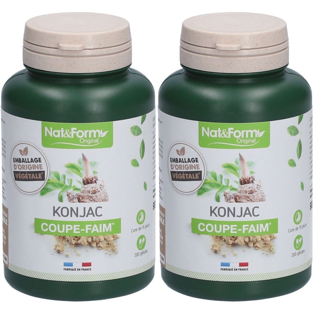 Deux flacons verts avec couvercles beiges. Inscription: Nat&Form Original, KONJAC COUPE-FAIM. Emballage d'origine végétale. Fabriqué en France.