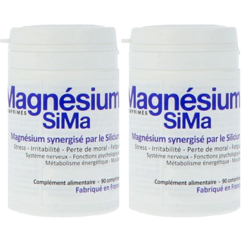 Zwei weiße Flaschen mit blauer Aufschrift. Aufschrift: Magnésium SiMa, Nahrungsergänzungsmittel, 90 Tabletten, hergestellt in Frankreich.