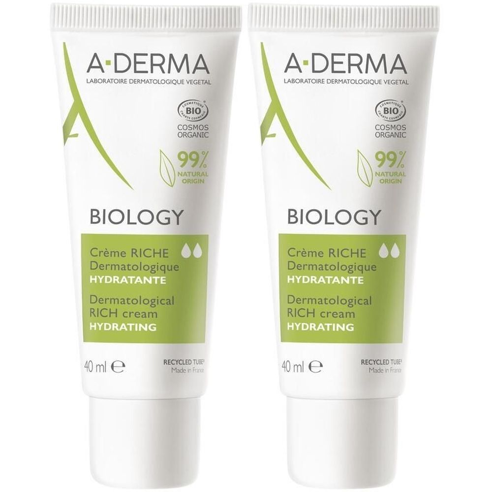 Deux tubes de crème hydratante dermatologique riche A-DERMA BIOLOGY. Blanc, avec des accents verts. Texte : BIOLOGY, Crème riche, 40 ml.