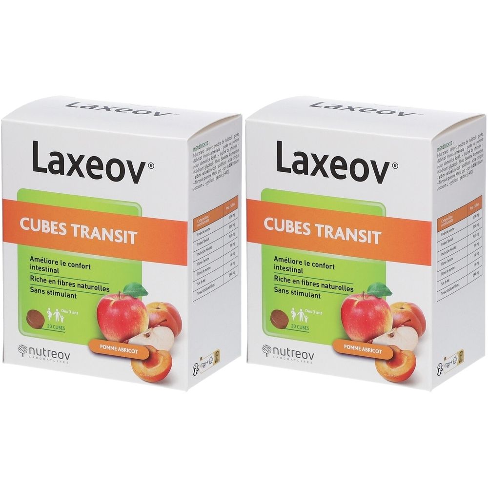 Deux boîtes de "Laxeov Cubes Transit". Illustration de pomme et abricot. Bandes vertes et oranges avec texte.