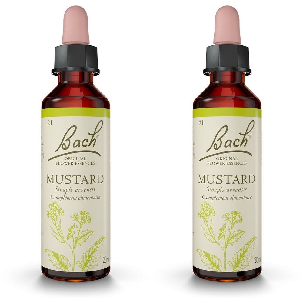 Zwei Flaschen mit Tropfer. Aufschrift: Bach Original Flower Essences Mustard. Mit floraler Illustration.