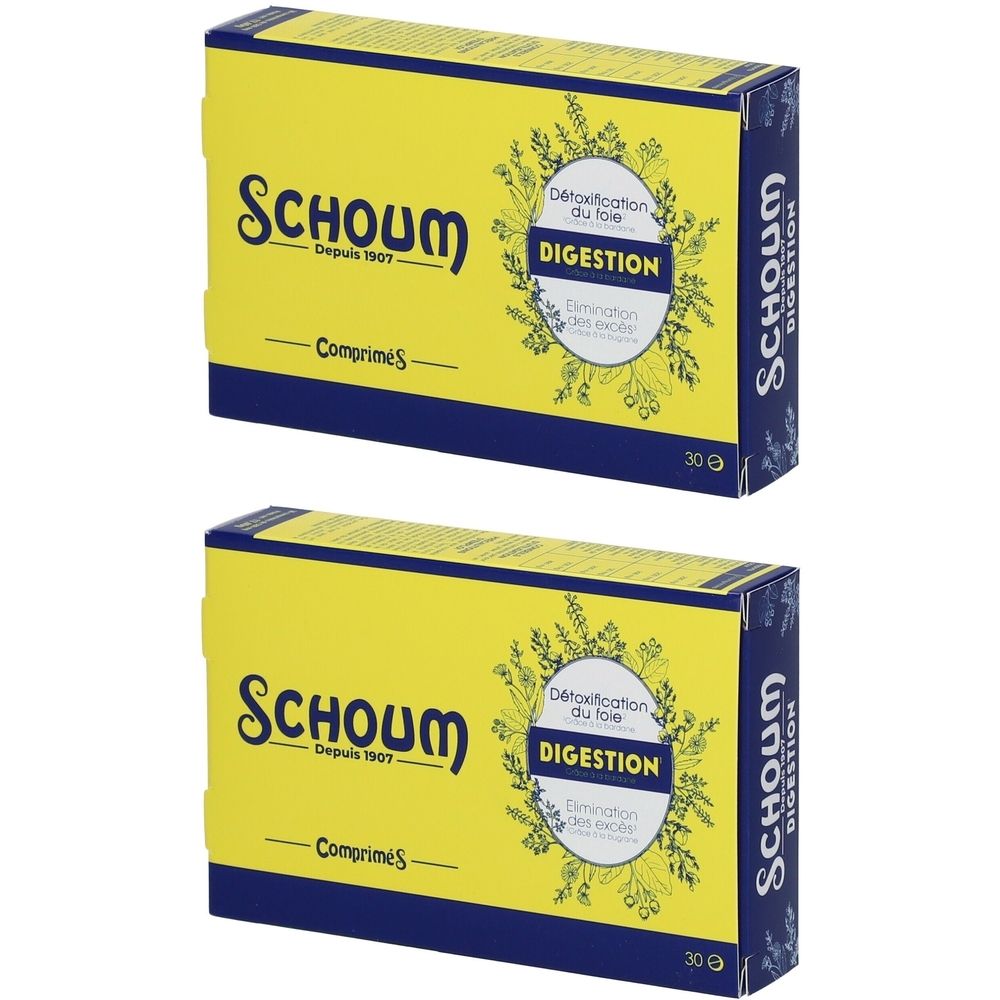 Zwei Schachteln mit gelber und blauer Verpackung. Aufschrift: Schoum Digestion, seit 1907, Comprimés, 30 g.