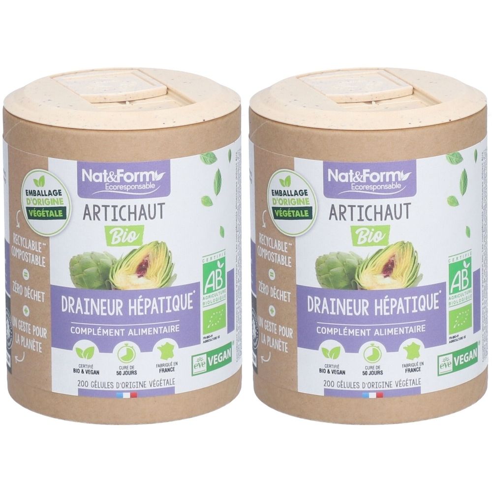 Zwei zylindrische Behälter mit Deckel. Aufschrift: Artichaut Bio, Draineur Hépatique, ergänzt durch Logos und Text. Vegan.