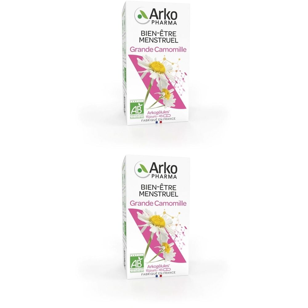 Deux boîtes Arkopharma Grande Camomille. Boîtes blanches avec logo, nom du produit et illustration de fleur de camomille.