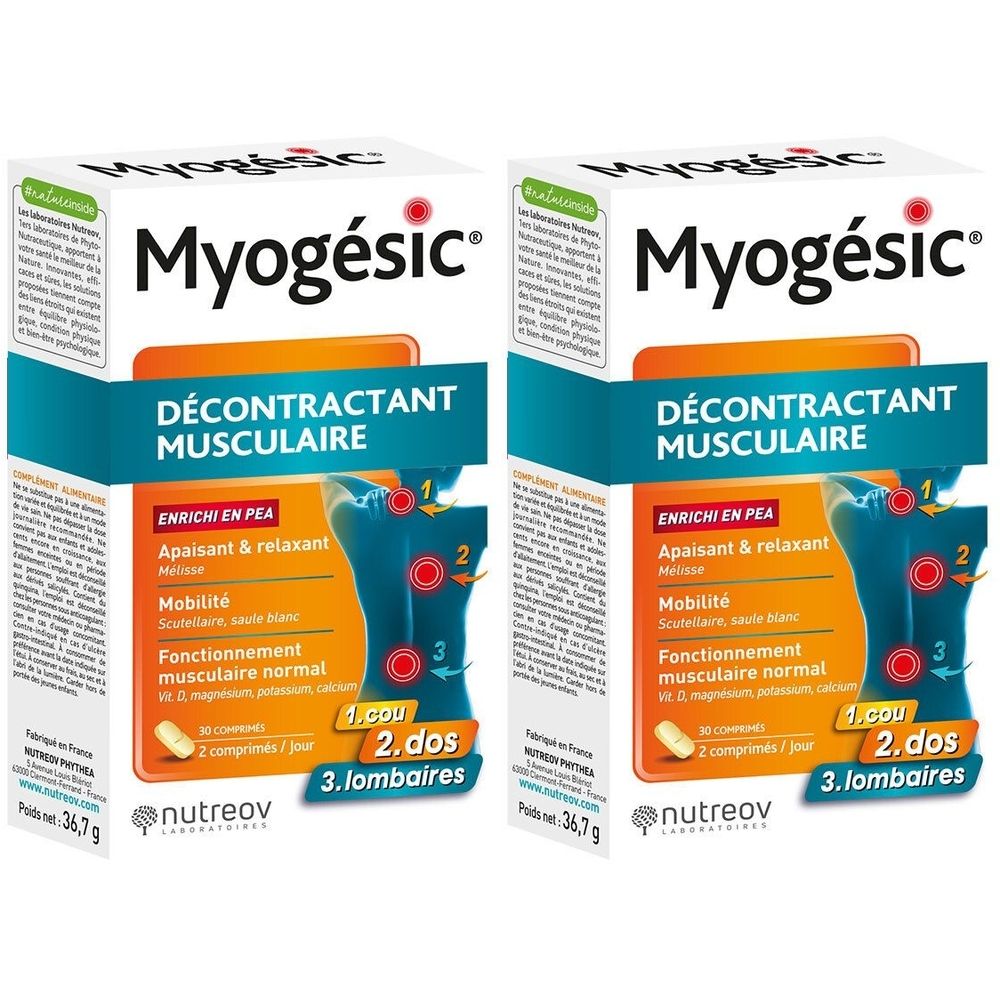 Zwei Schachteln Myogésic. Aufschrift: Décontractant musculaire. Enthält 36,7g. Marke Nutreov.